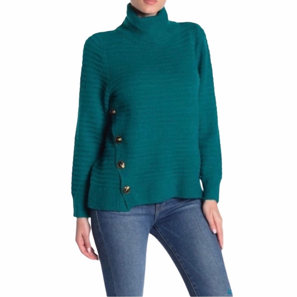 Melloday Green Turtleneck Rib Knit Button Sweater Size M